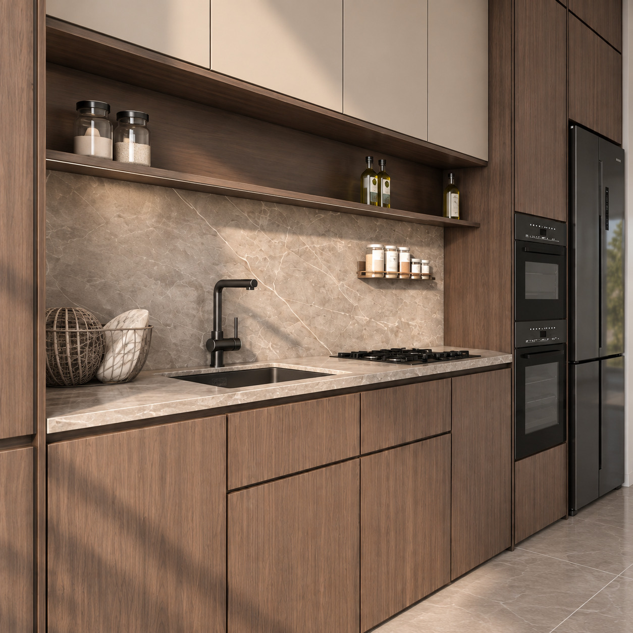 Walnut Veneer and Beige Lacquer Single-Wall Kitchen