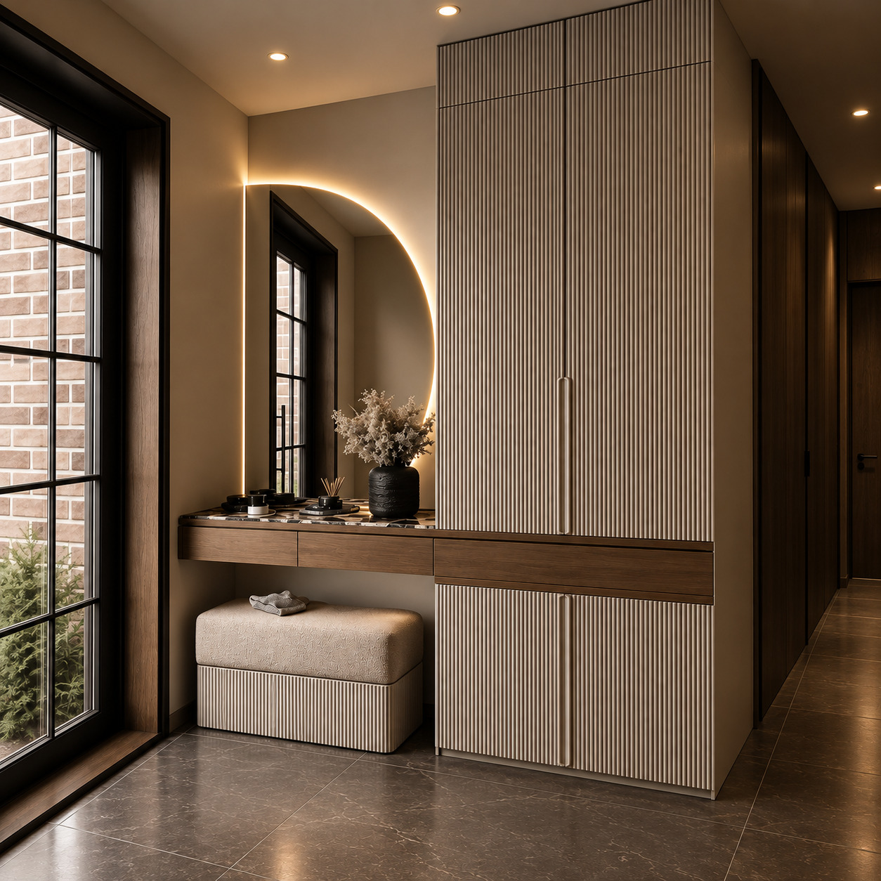 Greige Lacquered Hallway Wardrobe with a Dark-Walnut Band