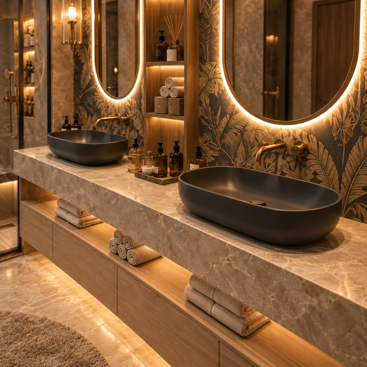 Bathroom with Botanical Wallpaper | Twin Vessel Basins