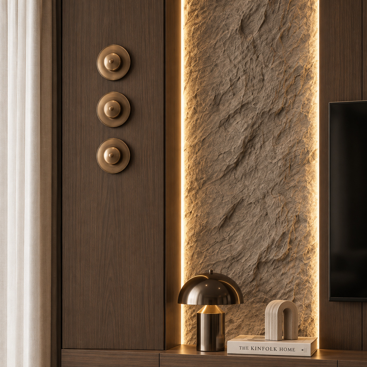 3D Rölyef Taş Duvar TV Ünitesi | Gizli Ledli Asma Konsol TV Ünitesi