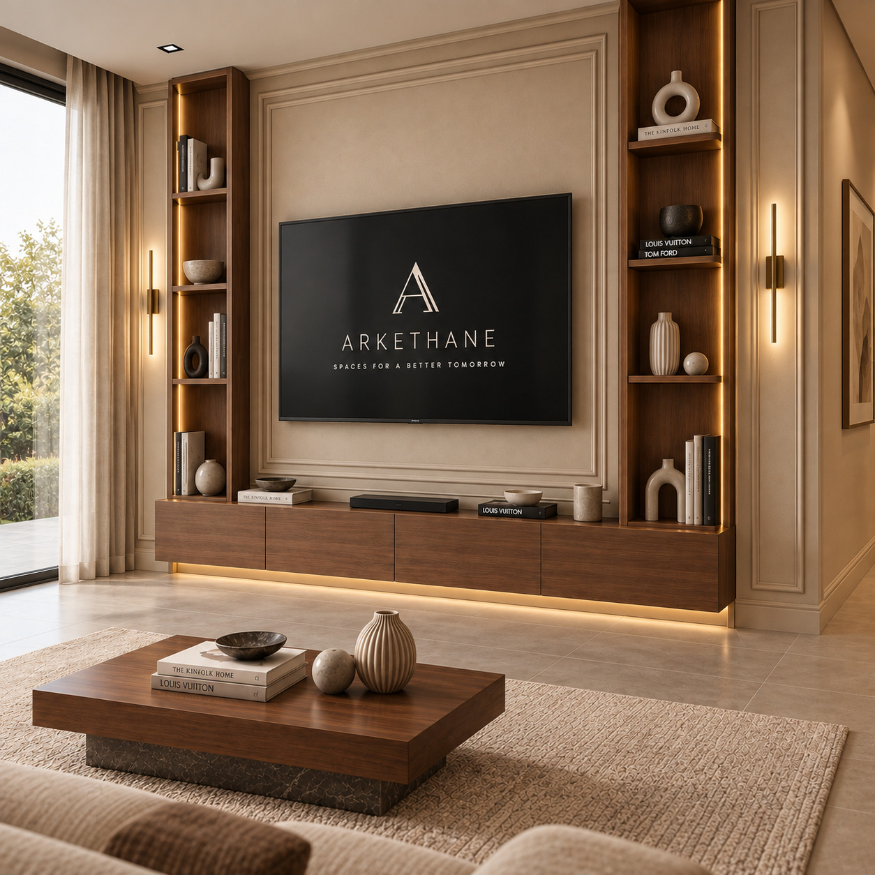 Ahşap Kitaplıklı TV Ünitesi | Bej Lake Çıtalı TV Ünitesi