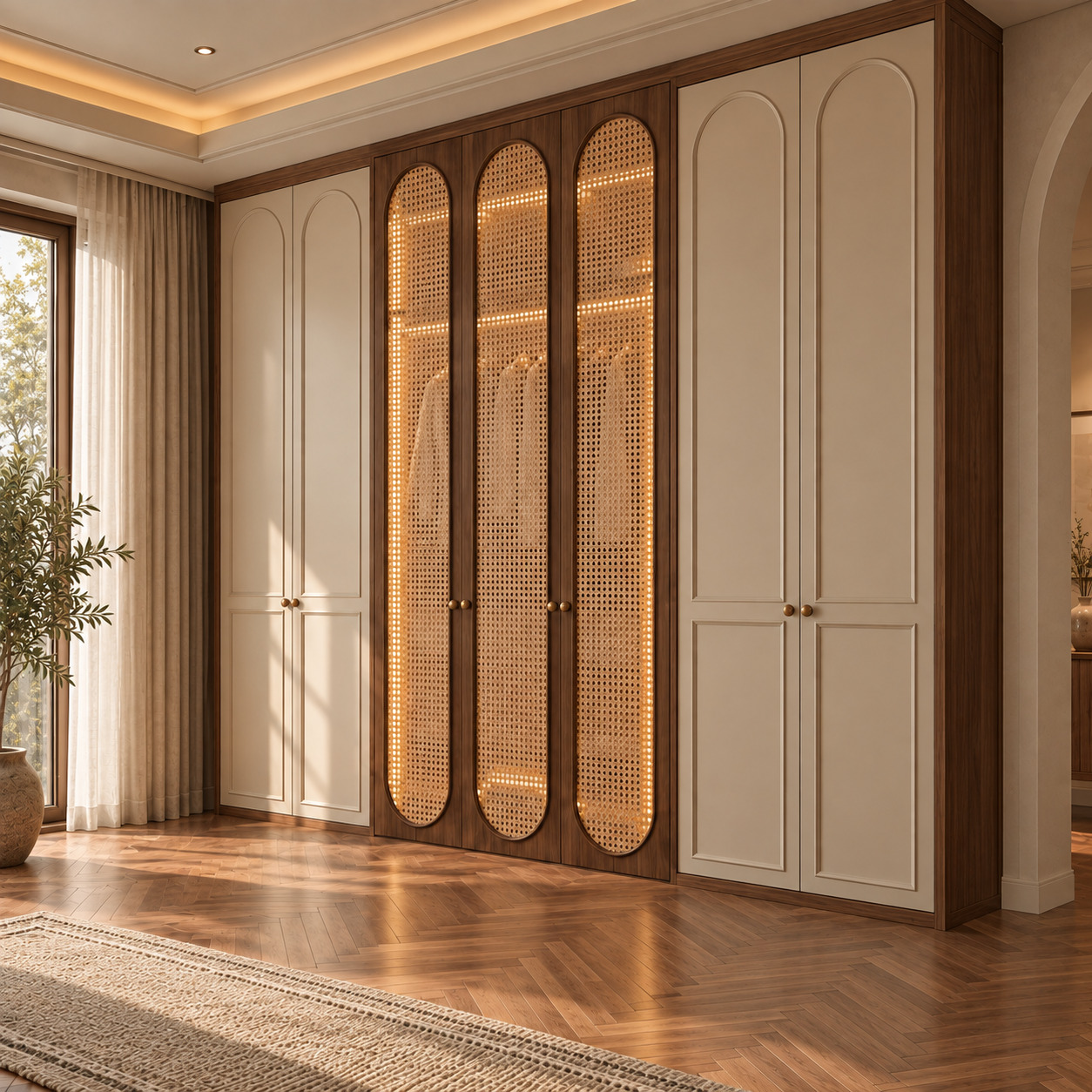 Woven Cane Wardrobe Design | Off-White Lacquer and Natural Timber