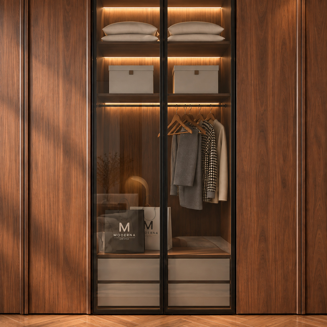 American Walnut-Veneered Wardrobe | Glass Display Storage for the Principal Bedroom