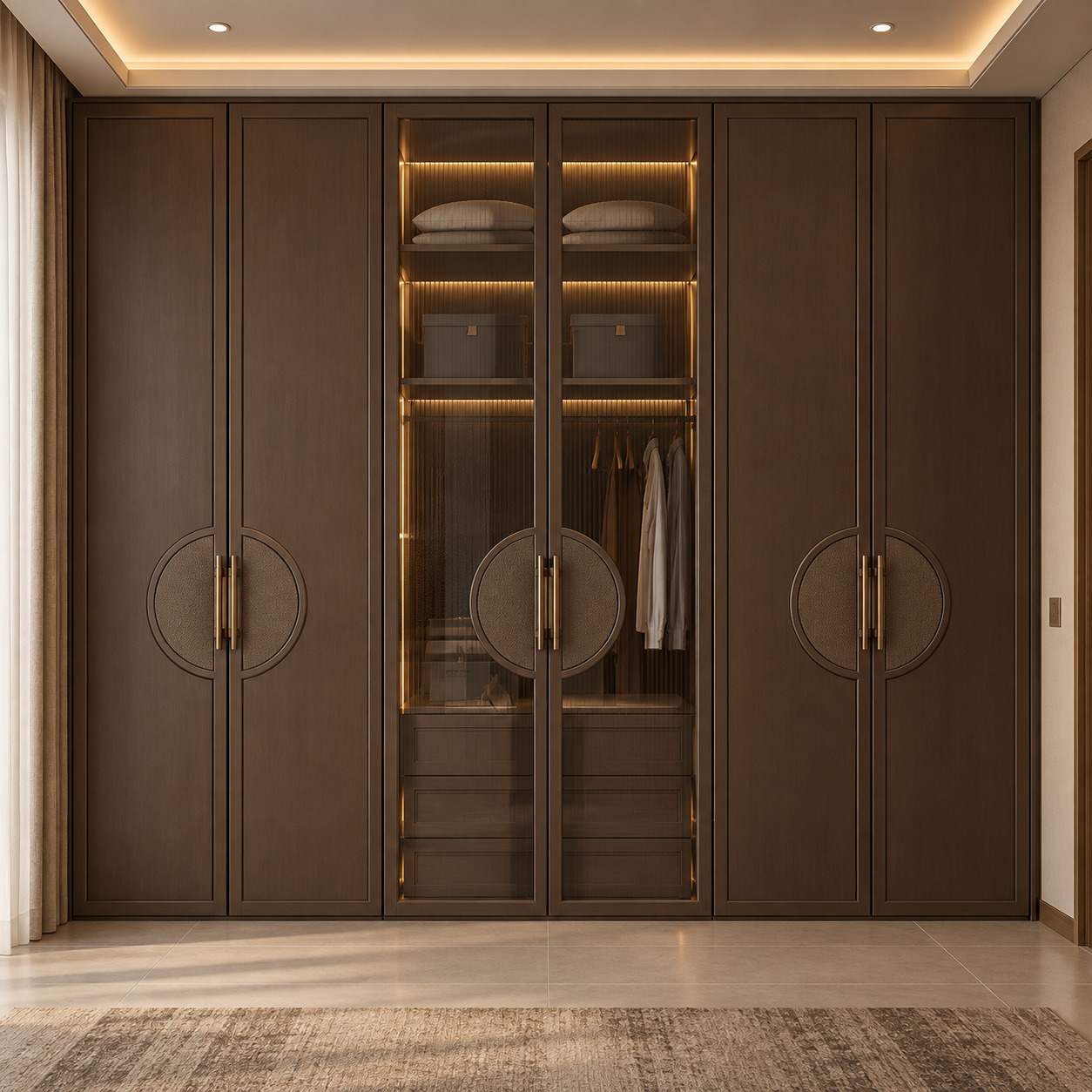 Glass Display Wardrobe Design | Bronze Fluted Glass and Matt Lacquer