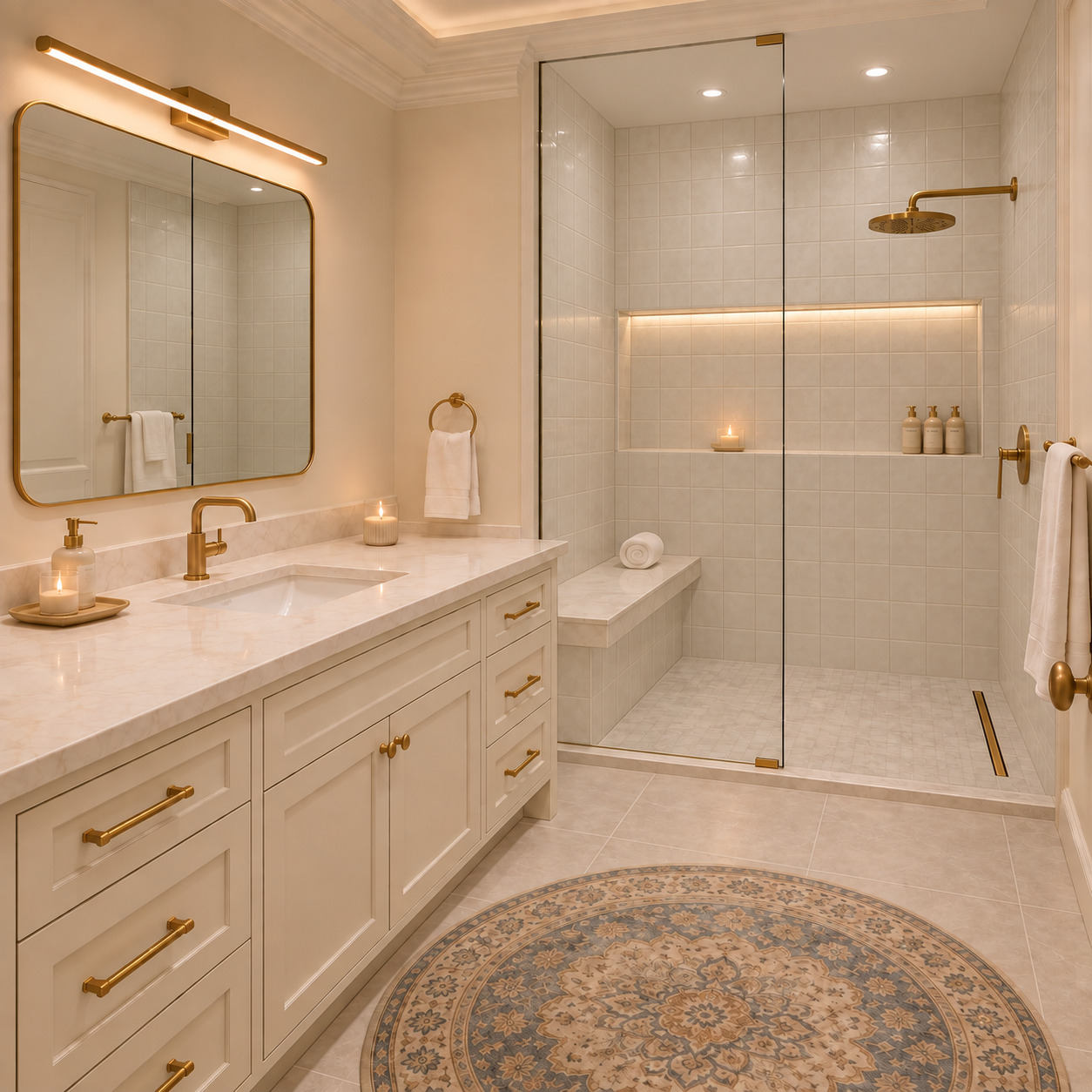Country Banyo Tasarımı | Krem Banyo Dolabı ve Porselen Tezgah