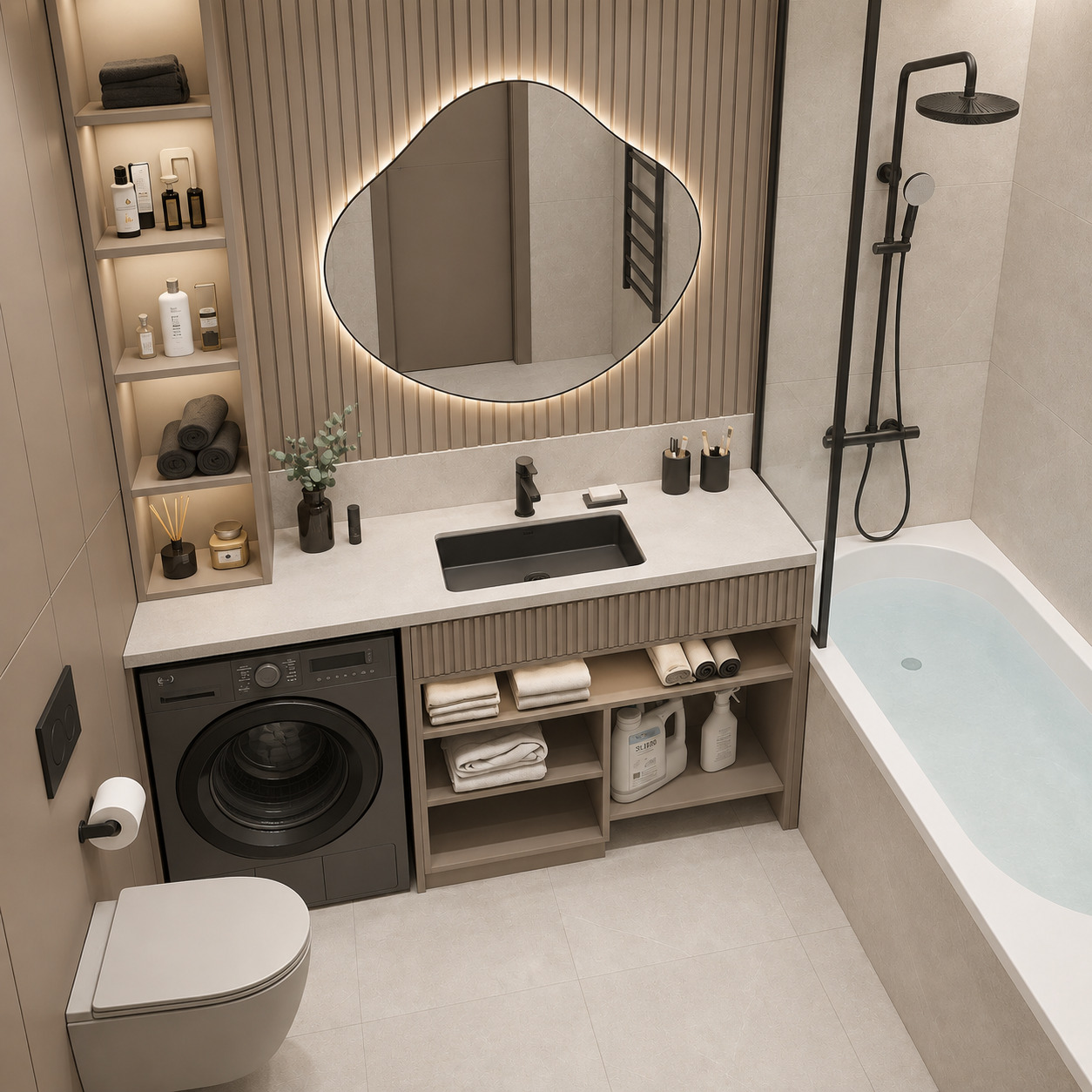 Vizon Panelli ve Küvet Entegreli Modern Banyo