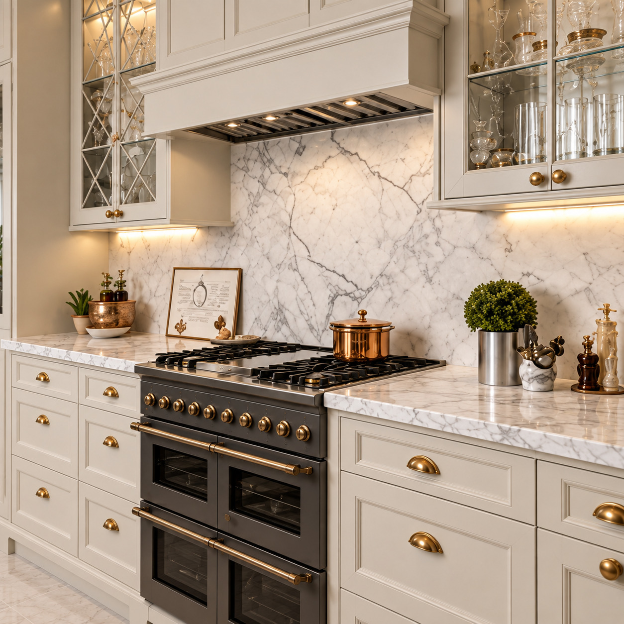 Luxury Neoclassical Island Kitchen with Ivory Shaker Doors and Carrara Marble