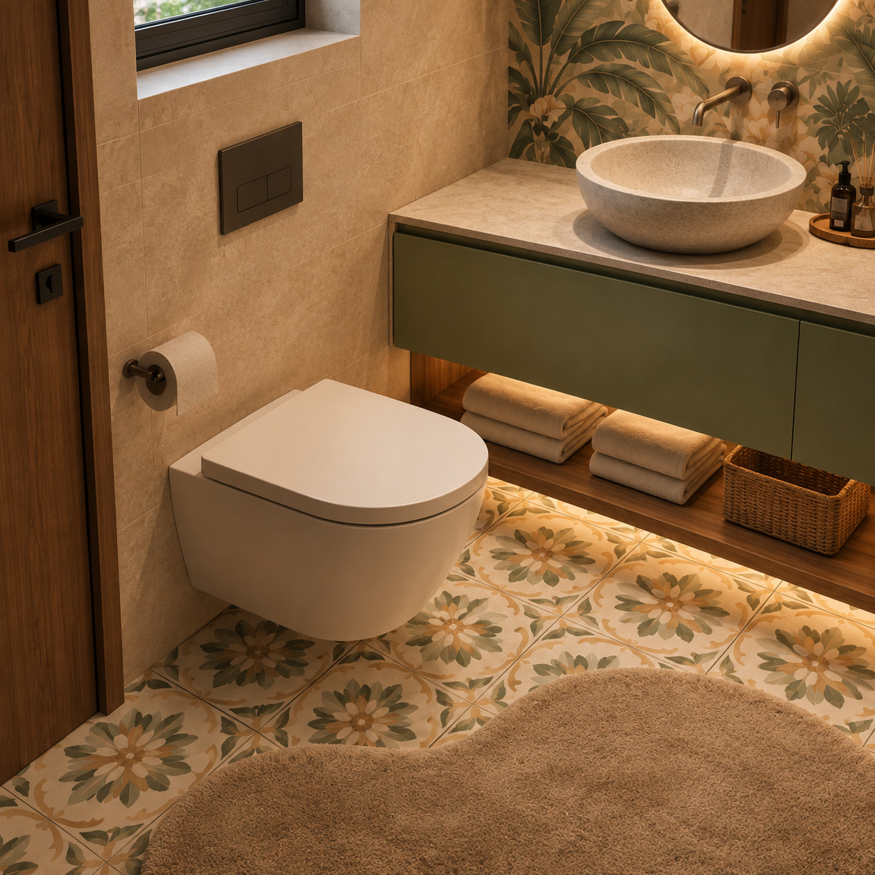 Yeşil Banyo Dolabı Modelleri | Çift Lavabolu Villa Banyosu