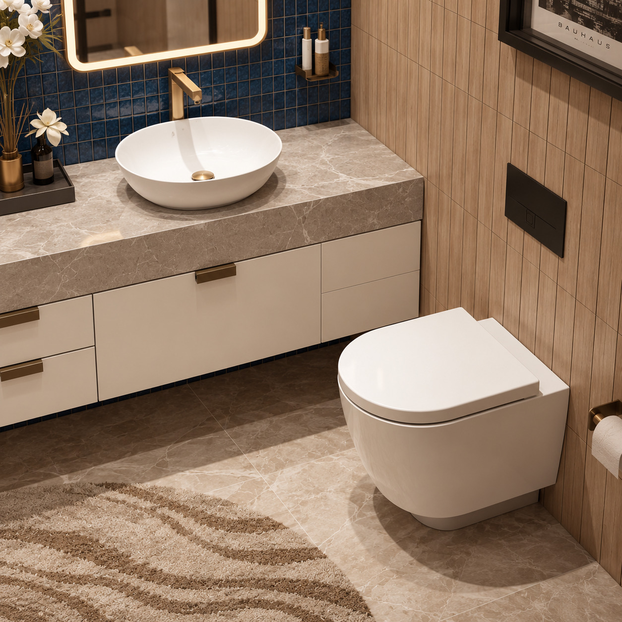 Mozaikli Banyo Modelleri | Çift Lavabolu Lüks Banyo Dolabı