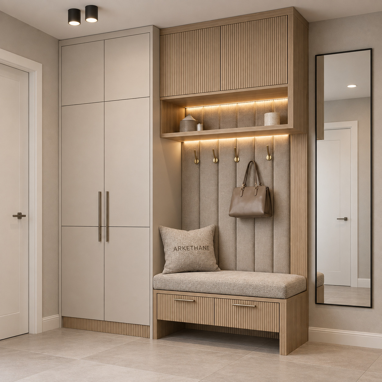Modern Villa Hallway Storage with Fluted Timber Doors