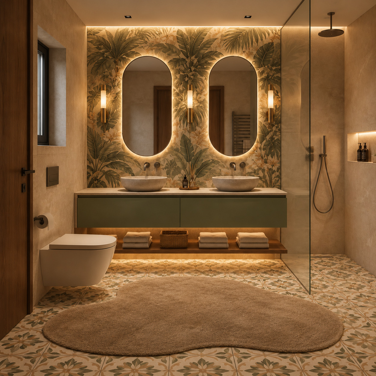 Yeşil Banyo Dolabı Modelleri | Çift Lavabolu Villa Banyosu