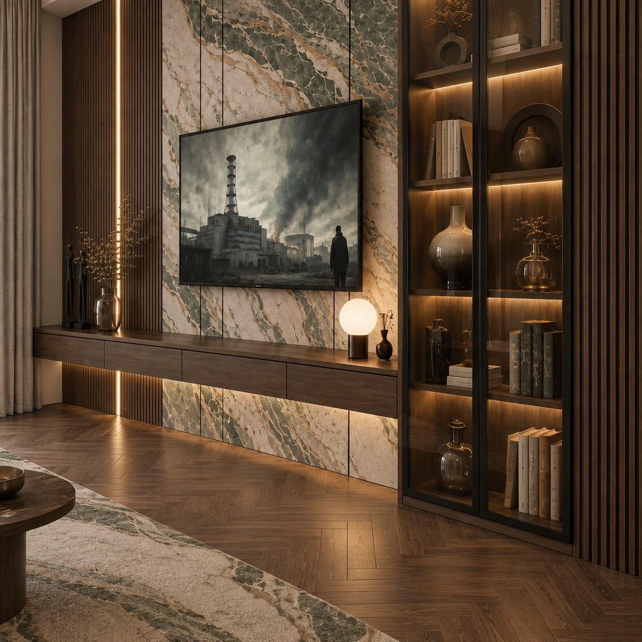 Modern Salon TV Ünitesi Fikirleri | Alüminyum Cam Dolap ve Mermer TV Ünitesi