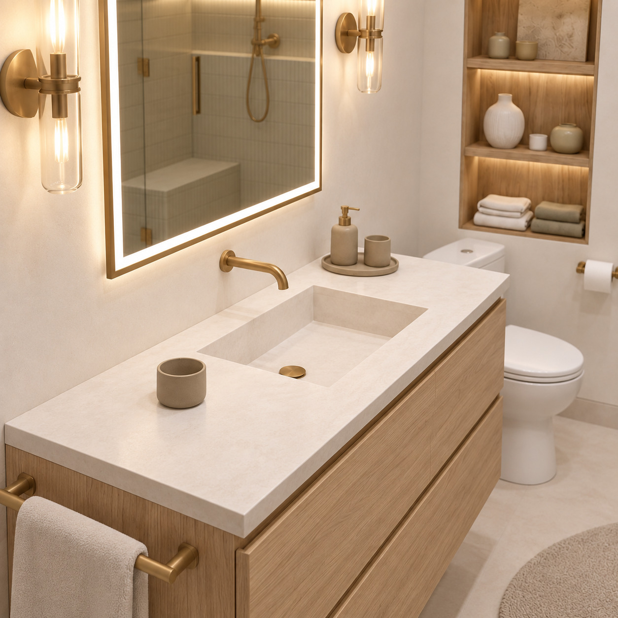 Japandi Banyo Modelleri | Doğal Ahşap ve Gömme Raflı Banyo