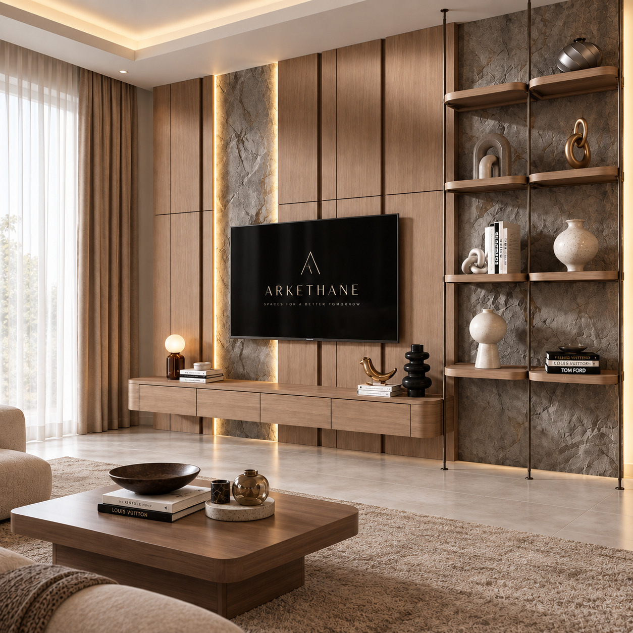 Özel Tasarım Kaya Dokulu TV Ünitesi | Açık Metal Kitaplıklı TV Ünitesi